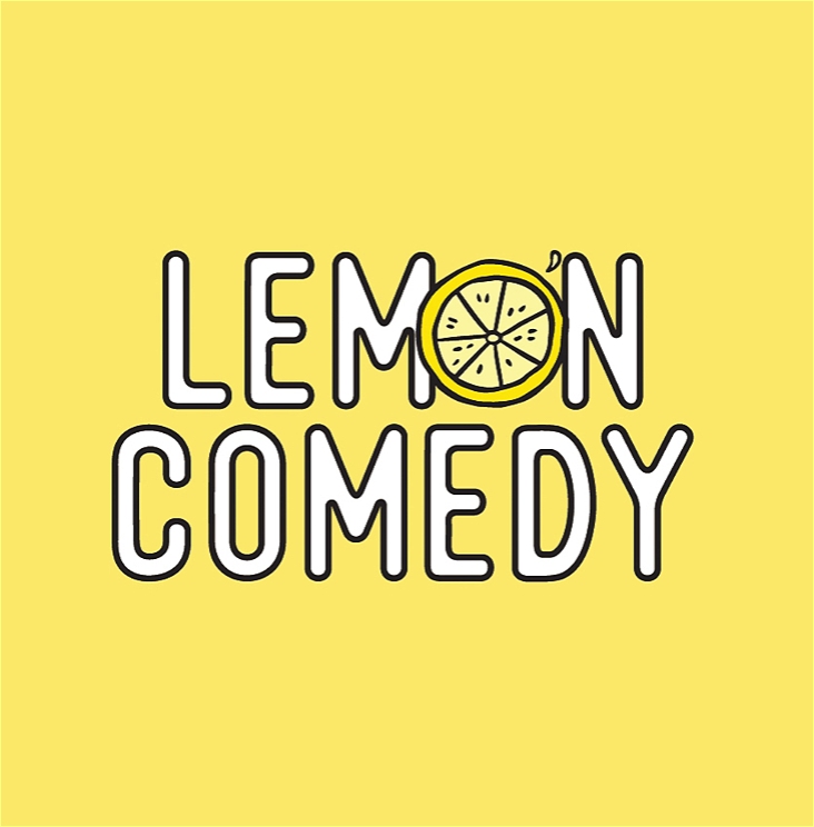 White text reads 'Lemon Comedy' on a yellow background. The letter 'O' in lemon is a cross-section of the fruit.