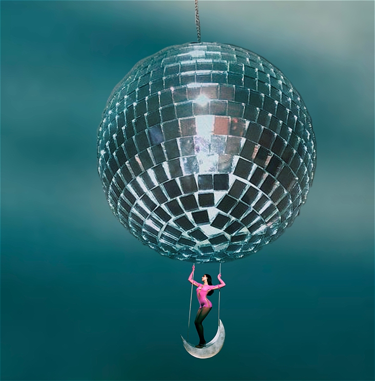 Disco ball with woman in hot pink jumpsuit hanging from it, ocean blue ombre backdrop.