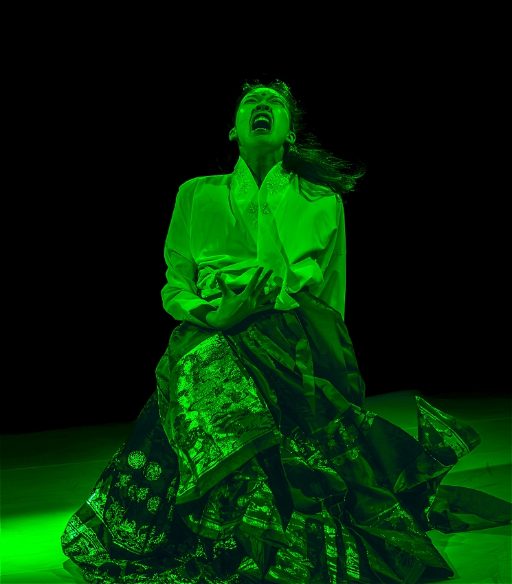 A Chinese dancer wearing traditional Ancient Chinese Han-style clothing stands mid-movement, her mouth open in a powerful expression that may suggest rage. Her long-sleeved top, hair and flowing skirt move with her motion. She is lit by bright green stage lighting, which casts dramatic highlights on her face and fabric. The background is entirely black, making her figure sharply stand out.