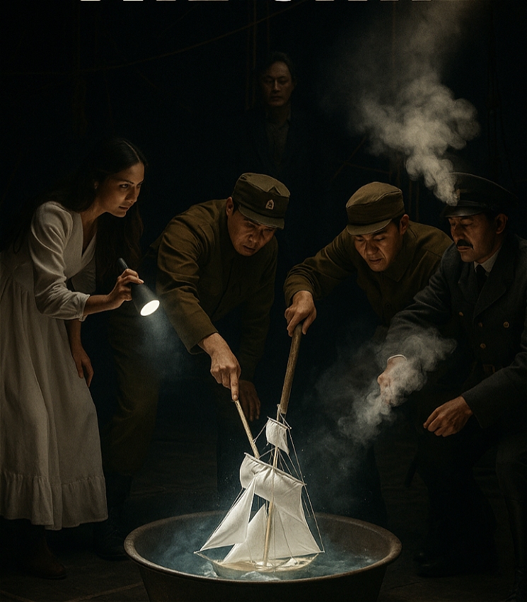 A group of five people gather in a dark room, their faces lit by a spotlight and the glow from a basin of water. Three men in military uniforms and a man in a dark coat use long sticks to steer a small illuminated model ship in the basin, while a woman in a white dress leans in with a flashlight.