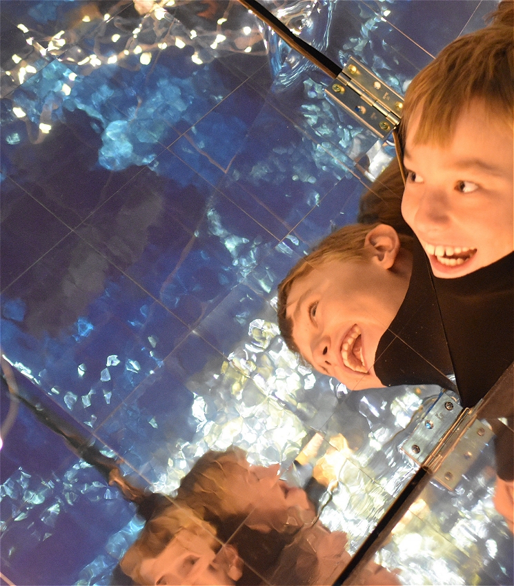 A gleeful child's head pops up and appears in a blue-tinged, mirrored space, reflected multiple times in the glass with interesting effects produced by the blurred lighting.