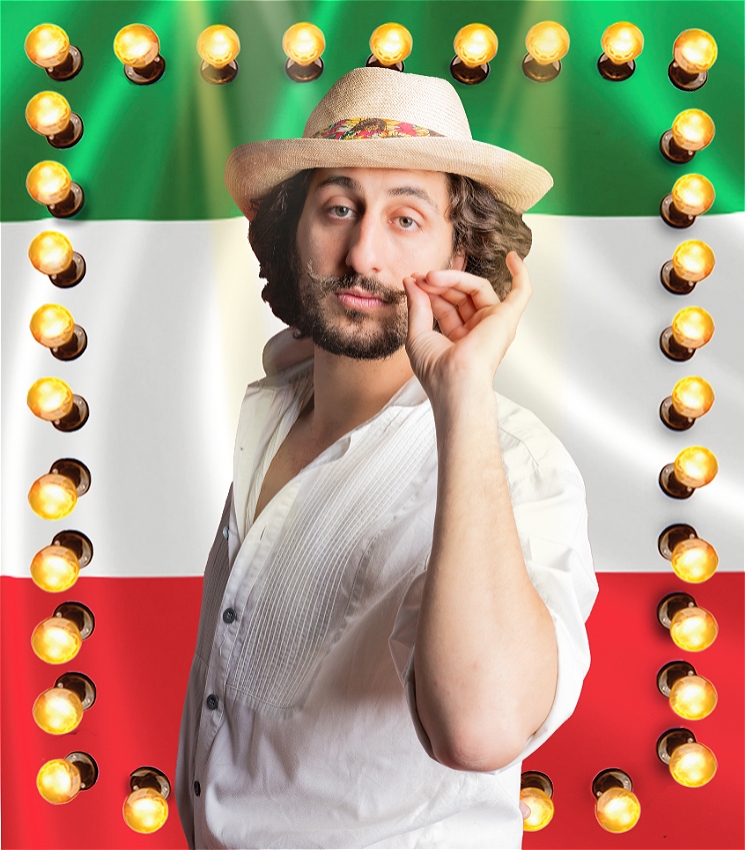 A bunch of lights shine upon an Italian beach boy.