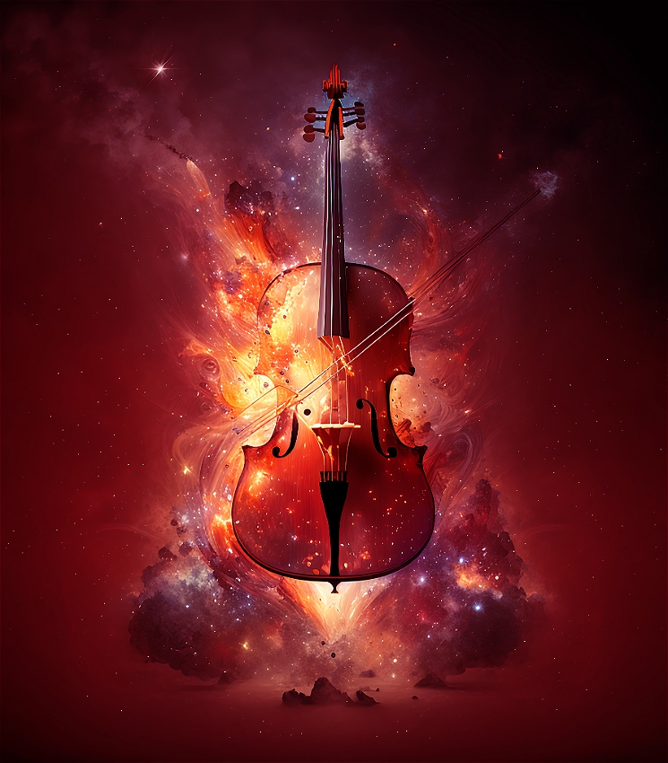Flames, stars and maroon clouds of smoke emerge from behind a cello, seemingly in space.
