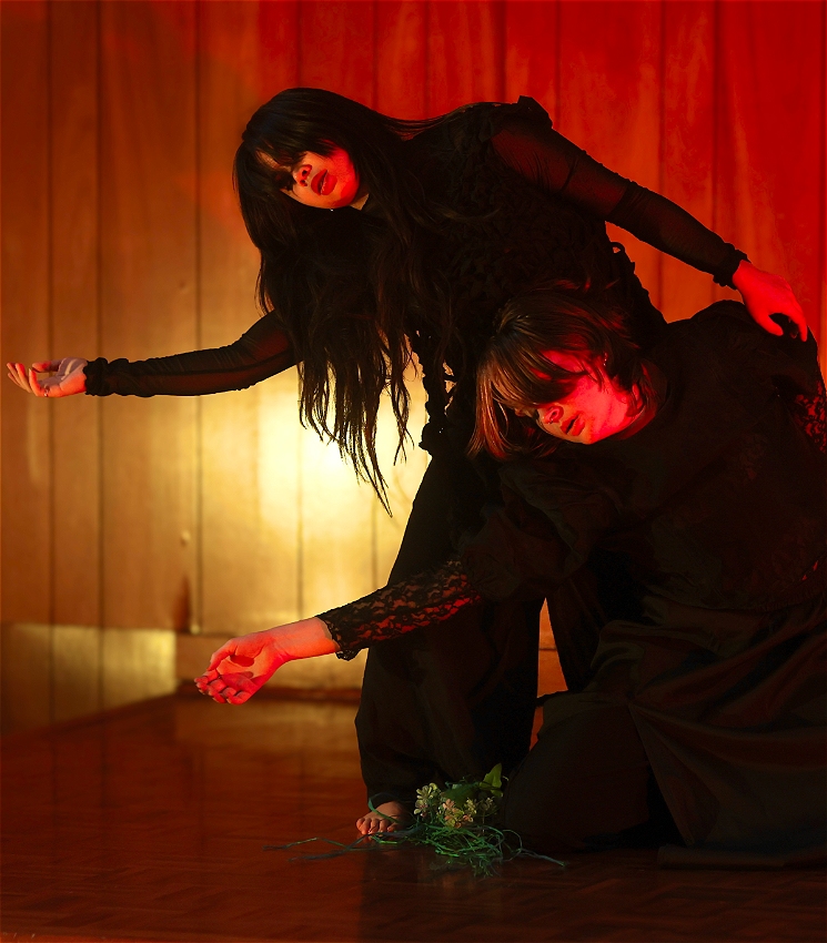 One women is kneeling in front of another women, facing away from her, they both reach their right arm out to the side, as if reaching out to someone. The women standing up behind has her hand on the left shoulder of the seated dancer. The lighting is red with a yellow hue and the dancers both wear black costumes with lace and sheer materials. There is a small bunch of flowers lying in-between the dancers.