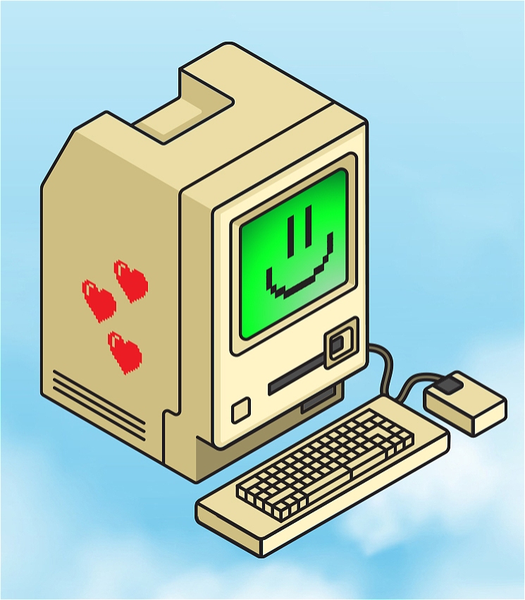 An illustration of a 1980's macintosh computer.<br>It has a green screen with a pixellated smiling face, on the side of the computer are three pixellated love hearts.<br>The background is of a blue sky with clouds