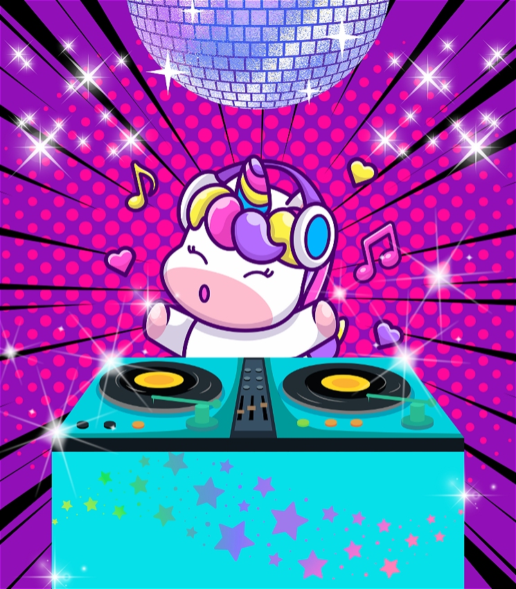 On a pink and purple background, a white and rainbow unicorn wearing headphones stands behind a set of DJ decks. There is a disco ball above and stars shimmering around.