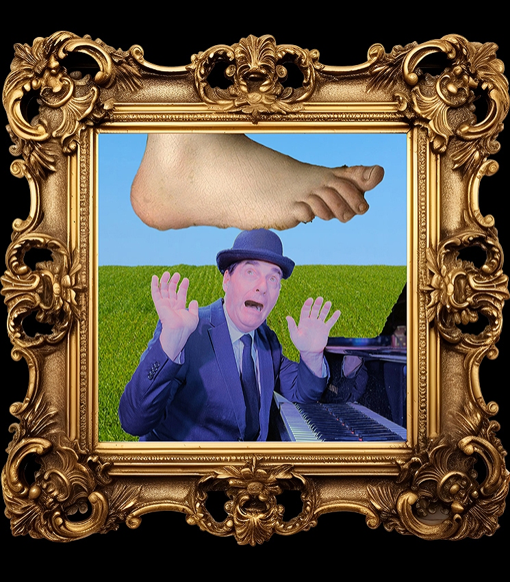 Dr H is sat at a piano, his hands are in the air and he is about to be squashed by a foot coming down from the sky. He has a shocked look on his face with his mouth open. The image is framed by an decadent, Renaissance style frame.