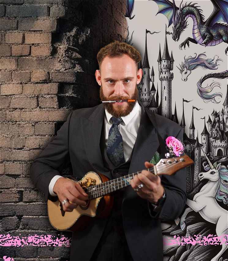 30 y.o bearded man in suit holding a ukulele, syringe in mouth, background half brick wall that breaks into a fantasy world with castles, dragons, unicorns.