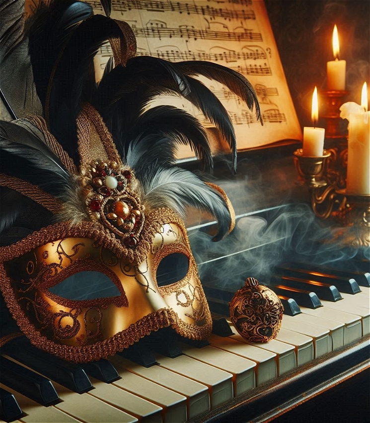 A Venetian mask, and candelabra balanced on a piano