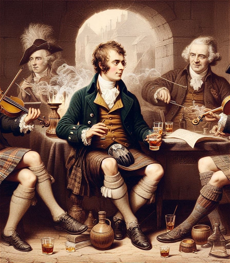Rabbie Burns drinking a dram of whisky whilst musicians play the fiddle.