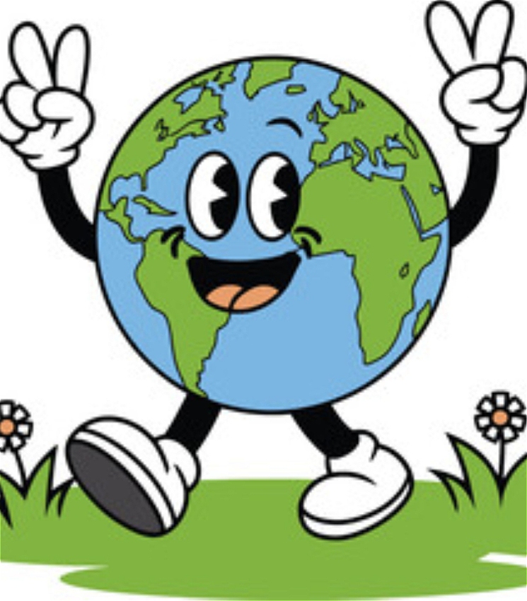 Cartoon image of a personified globe with feet, hands and a face. The globe has white gloves on and is throwing peace signs with both hands. The globe has a big smile on its face while it walks through some grass. It's looking off camera somewhere.