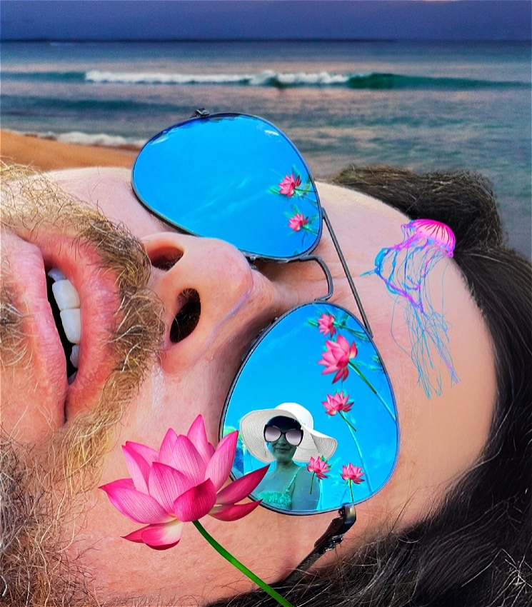 A man in repose wears sunglasses reflecting the image of a woman wearing a white hat with a wide, undulating brim. Superimposed across the man's face and glasses are a trail of bright pink lotus flowers, the petals and stems of which evoke the fronds and trunks of a palm tree colonnade. A bright pink and turquoise jellyfish lays across the sandlike expanse of the man's forehead, as though it had been left behind after the retreat of a recent tropical wave.