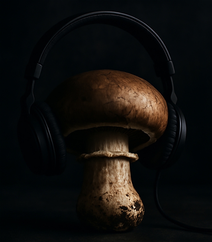 Front and centre. Dark. Moody. Sexy. A real, raw fresh plump mushroom wearing a set of headphones.