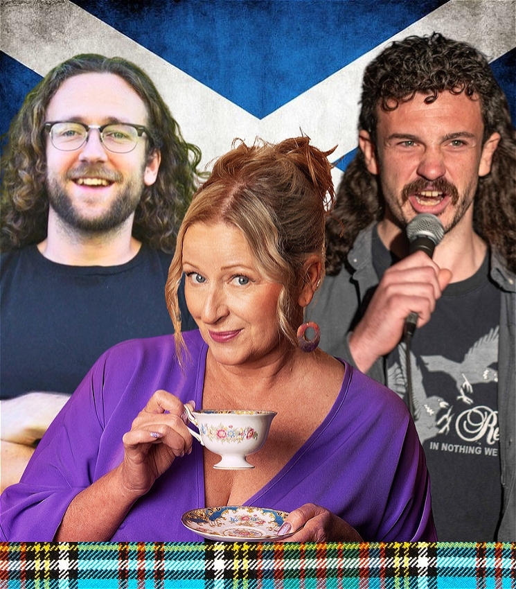 Three people are in the image. David Callan with brown curly hair and glasses. He is smiling. Gill Cordiner is in the centre of the image. She has blonde hair and is wearing a purple top holding a tea cup and saucer with a little smirk on her face. Iain Pringle is to her right, holding a mic. His mouth is open as he's mid-chat. He has a curly brown mullet. All three are superimposed in front of a Scottish flag. Some blue, green and yellow tartan from a kilt is in front of them.