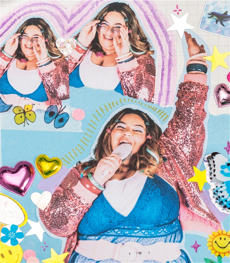 A colorfuly Y2K inspired collage featuring a young woman wearing a sparkly pink sequin jacket, a white t-shirt with a blue lace top over it, and white belt. She has dark wavy hair with blonde highlights and some bright metallic hair extensions. There are several small, plastic butterfly clips in her hair in opaque purple, blue and pink. Photographs of the woman appear multiple times across the collage in different poses: smiling, holding a hairbrush as a microphone and singing, adjusting her oversized, blue-tinted glasses, as well as looking thoughtful while holding a pen with a fluffy pink top to her chin and looking down at a fluffy pink diary. 

The collage is decorated with playful stickers and drawings, including dolphins, butterflies, metallic hearts, glittery stars, a smiley face, and flowers. There are also some 3D puffy heart stickers and a pink pen placed diagonally across the bottom left. The background is a mix of pastel blue and grid paper, with colorful squares and hand-drawn elements adding...