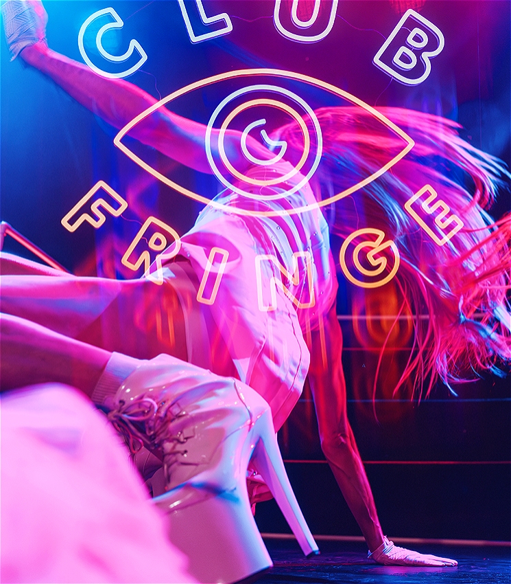 A hazy and artfully blurred image of a performer dancing on stage. They are posed with one hand on the floor and wearing a sequinned white dress and large white, heeled boots. They have long hair which flows out behind them. The lighting is bright purple and pink. The image is overlayed with a neon logo which reads: CLUB FRINGE. In the middle of the two words is an the shape of an eye, with a crescent moon as the iris.