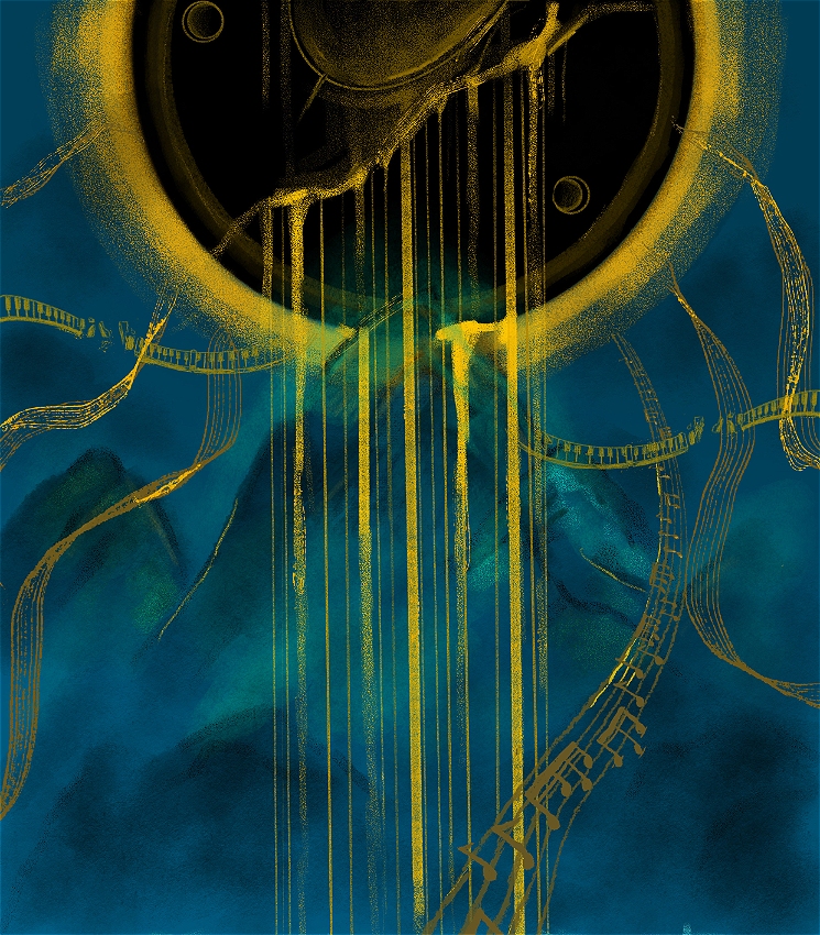 A glowing golden ring hangs in a dark blue sky, cracked and pouring golden light down like rain. Curved musical staves and floating notes stretch from the sky to the ocean below, where a small piano rests on calm, deep blue water. The image feels dreamlike and mysterious, with dark mountain-like shapes in the misty background.