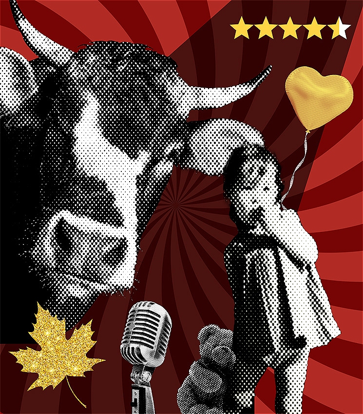 A black and white halftone image of a cow and a young girl, the background is red tonal swirls. It is a collage with 4.5 stars in the top right corner, and a gold shiny maple leaf in the lower right