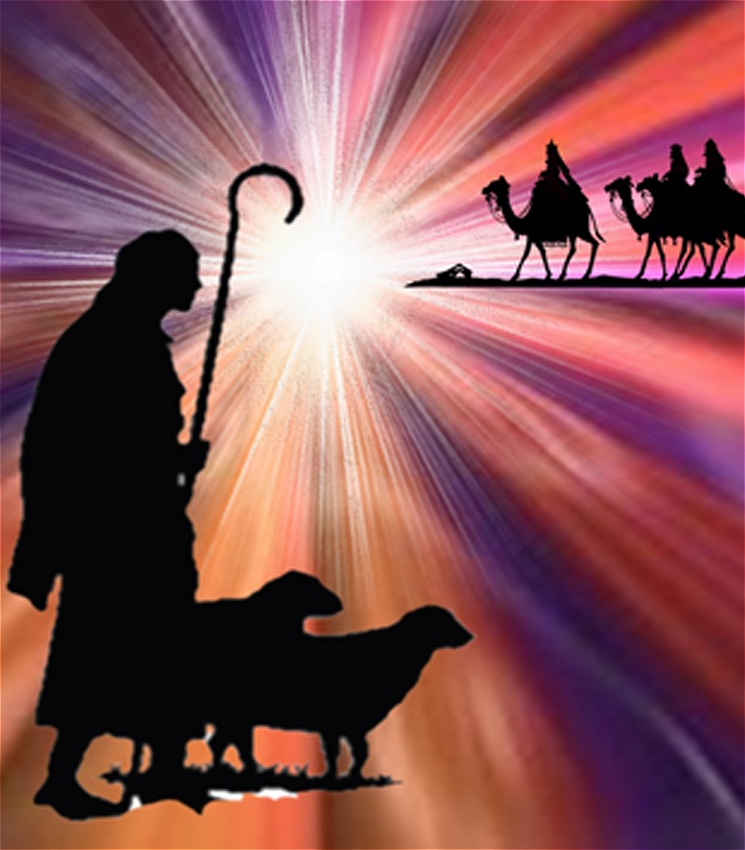 A star burst creates an entire background for silhouetted images. A shepherd guides their flock, thrown into silhouette by a bright star behind them. In the distance, three people ride camels.