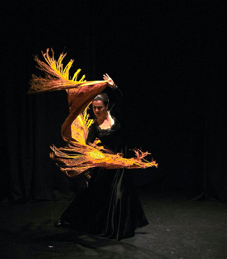 A flamenco dancer dances with a golden shawl.