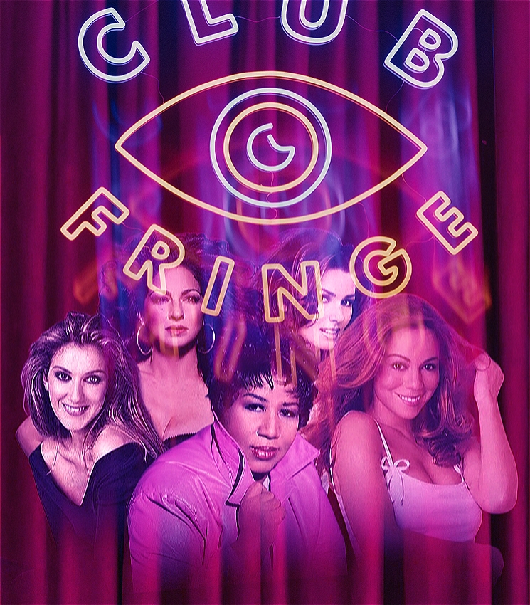 A hazy and artfully blurred image that shows headshots of Celine Dion, Gloria Estefan, Aretha Franklin, Shania Twain and Mariah Carey. There is a red curtain backdrop in the background. The image is overlayed with a neon logo which reads: CLUB FRINGE. In the middle of the two words is an the shape of an eye, with a crescent moon as the iris.