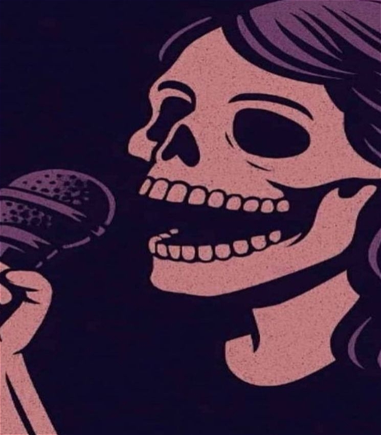 a cartoon of a skull with hair talking into a microphone