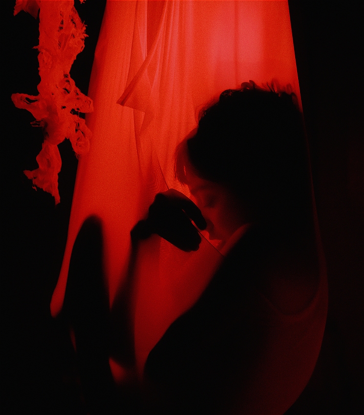 A black background with performer Lucy Eidelson hanging in a red womb structure 
