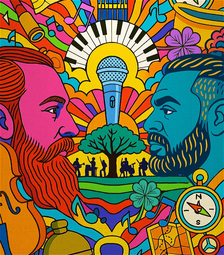A 70s beatle-esque style depiction of the famous Australian explorers Burke & Wills, On the left, Burke is displayed with a bright blue skin tone and on the right Wills is a deep red. These colours contrast with hallucinogenic background with a cartoon compass, map, tree and musicians with swirling colours and hyper-colours around a microphone and piano, with a sky of multicoloured, trippy instruments, music notes and a bath.