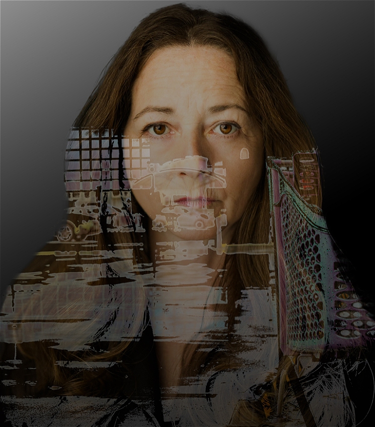 featuring lead actress for the Demigod of Preston Woolies, Helene Tardif. A woman stares blankly down the barrel of the camera. Enveloping her is the double exposed image of a shopping center carpark, rising to her eyes. 