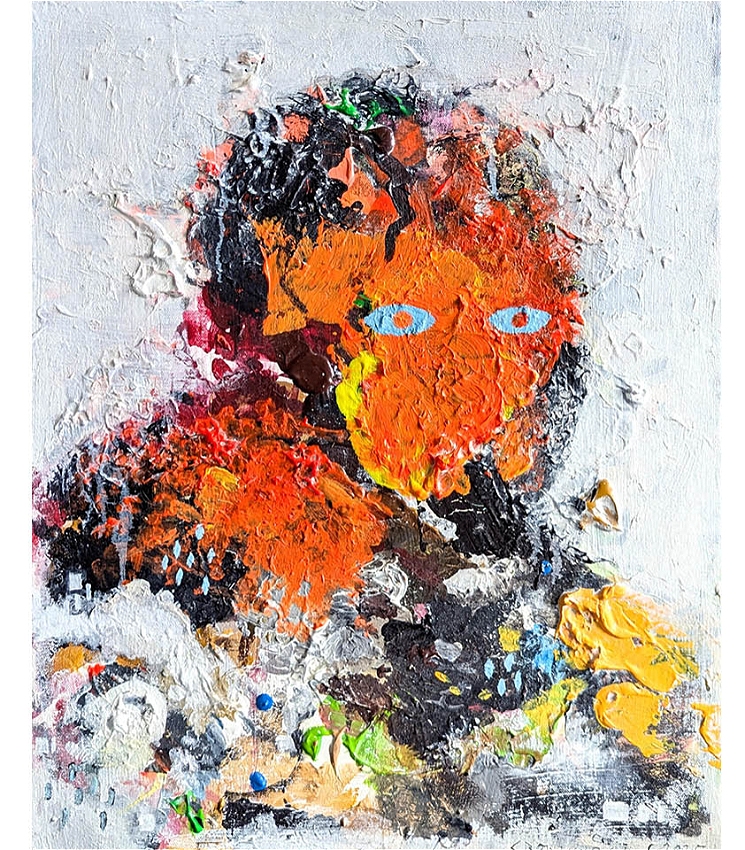 An abstract image with textured acrylic layered across a white canvas. Through a mix of red, blacks and yellows emerges a face-like-shape in orange, with sharp blue eyes.