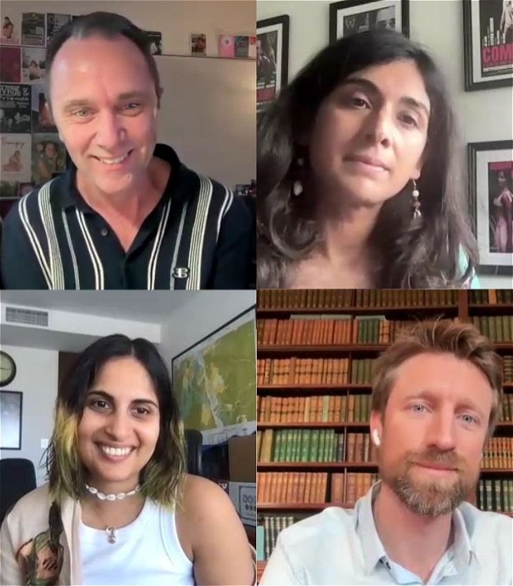A composite image of four speakers headshots (from top left clockwise: Rod Davies, Sonya Suares, Vidya Makan and Sammy J). They are smiling and seem to be in an pleasant dicussion.
