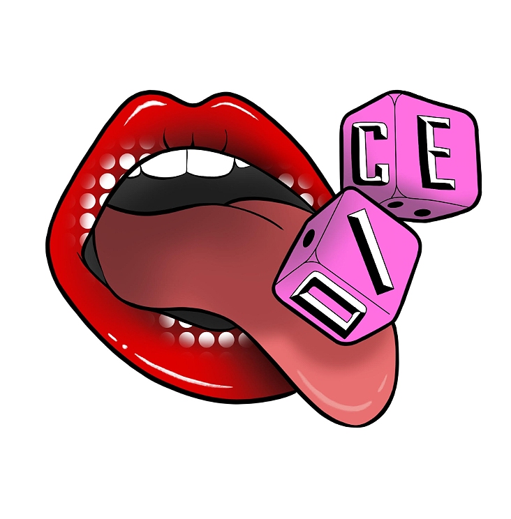 A mouth sticking its tongue out, placed on the tongue is two Dies reading "DICE"