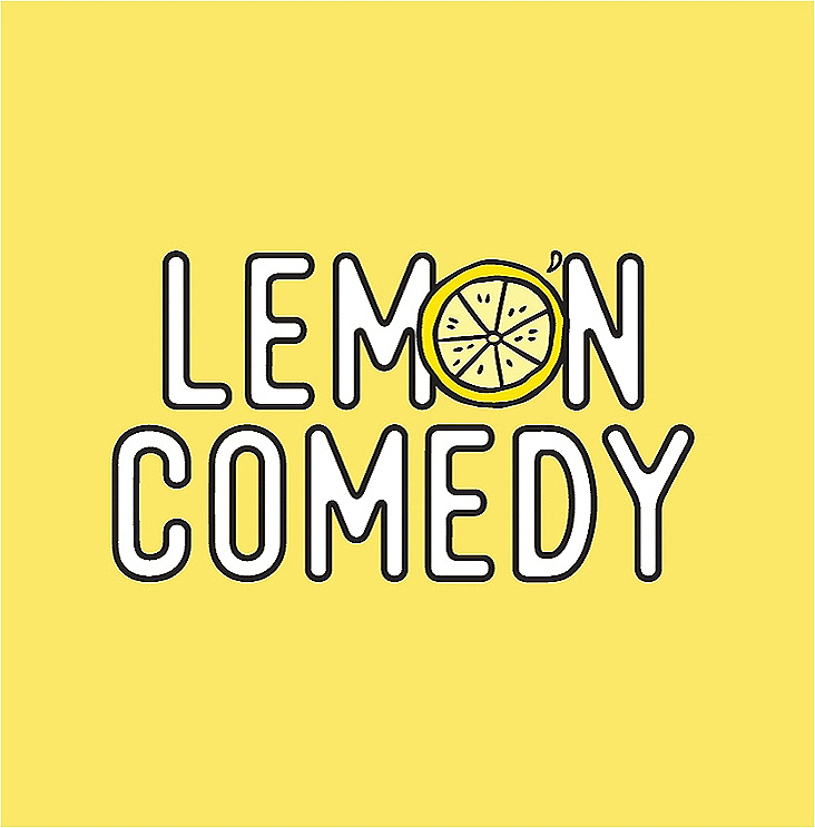 White text reads 'Lemon Comedy' on a yellow background. The letter 'O' in lemon is a cross-section of the fruit.