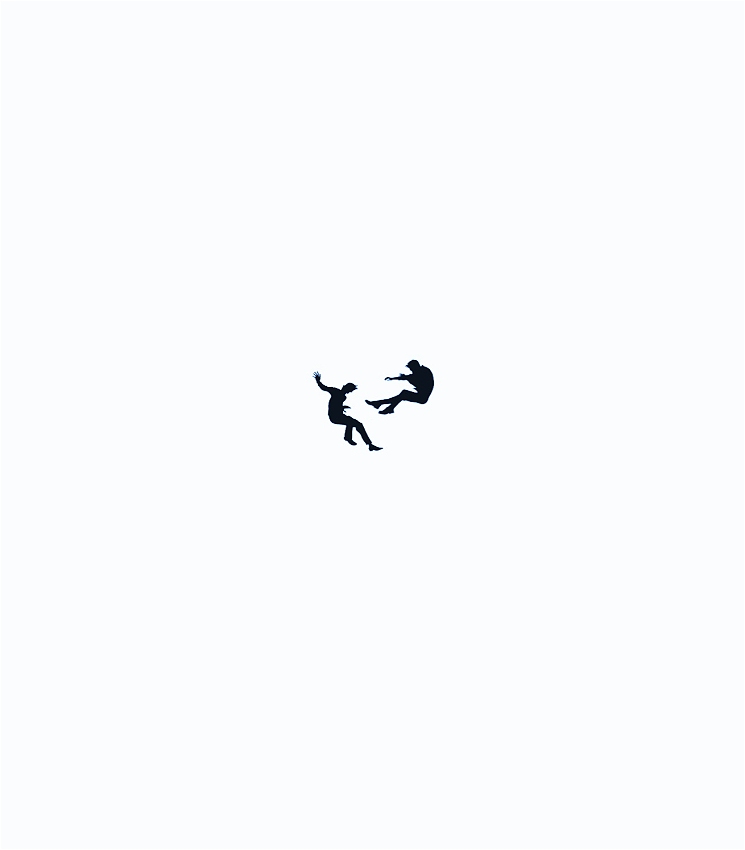 The image is large a white square - in it's centre there are two tiny black silhouettes of people that appear to be floating apart in a weightless like environment. It evokes a sense of space and contemplation.