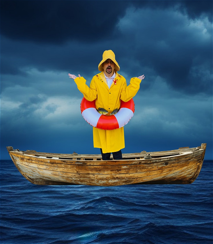 Jeremy Moses stands with arms up in a confused pose, in an old wooden boat in the ocean. He wears a yellow long raincoat with black suit pants, with a red and white lifesaving buoy around his waist. He is modestly covered in small crabs and fish.