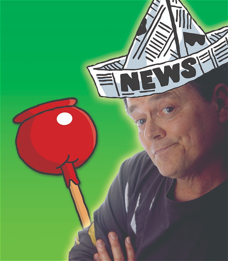 Children's entertainer Peter Combe is smiling jauntily against a green background, with a cartoon toffee apple and is wearing a cartoon newspaper hat.