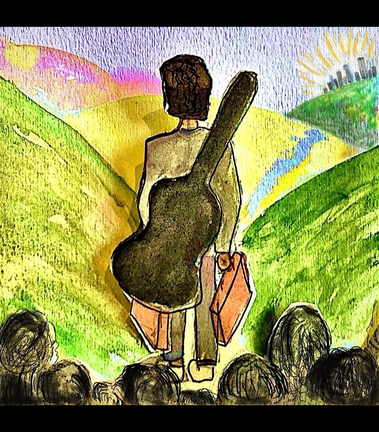 Watercolour painting of a person with their back to the viewer, walking away, carrying a suitcase in each hand and a guitar on their back, facing a horizon of hills ahead, as if embarking upon a long journey. In the far-right corner of the picture, a cityscape in the distance, beckons with bright lights. The bottom of the picture is framed by a silhouette of onlookers in the shadows, watching the departure.