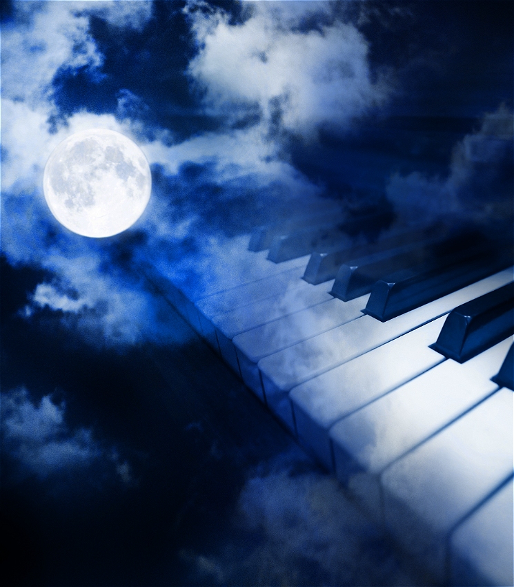 A moon shines down upon a piano shrouded in mist