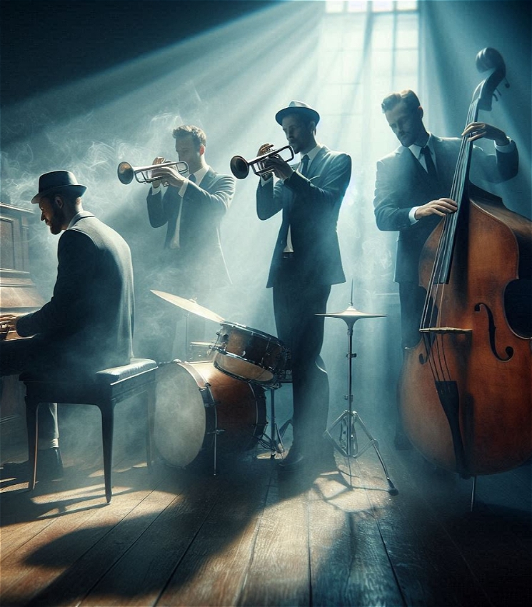 A pianist, two trumpeters and a double bassist playing jazz in a smoky room