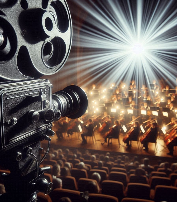 An orchestra playing underneath a film projector