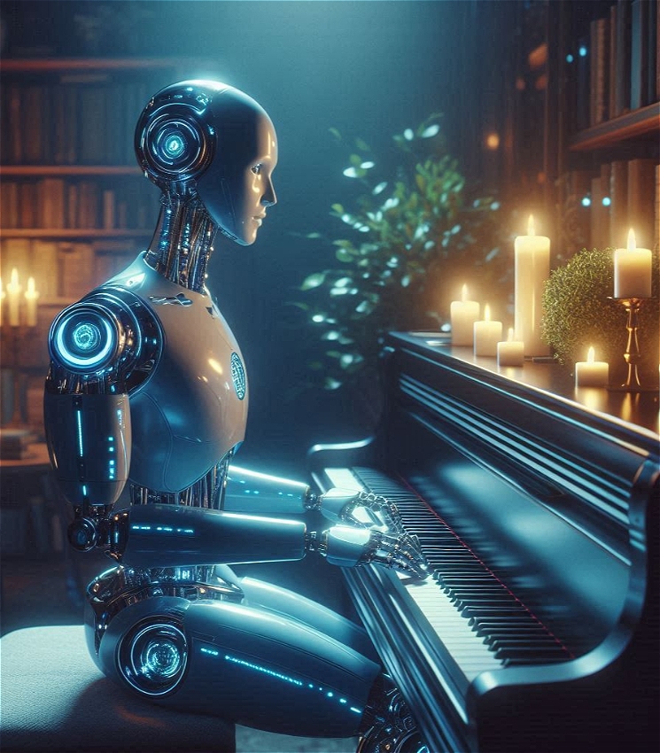 A digital graphic art image of a robot playing a piano in a dimly lit room. There's a cold blue-white light pouring from above which lights the shiny silver body-frame of the robot. We see blue electronic veins from various wire connections that run internally of the robot, which bears a still, non-emotive expression. The room is lit with large spherical candles of varying lengths emanating a warm golden glow.