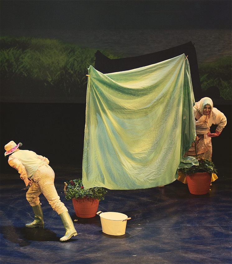 A large stage with dappled lighting with a sheet hung over a laundry line between two pot plants at the centre. One performer in a sequined hat and suit looks from the front to behind the laundry line while the other performer in a skirt and headscarf looks from behind to the front of the stage.
