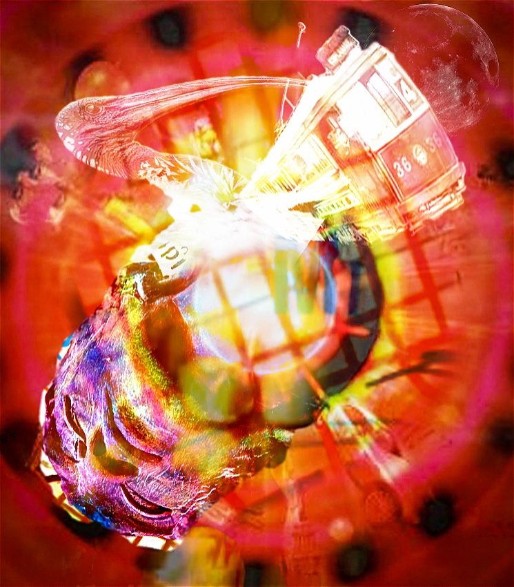A surreal oculus vortex, featuring a vintage image of a tram, the iconic melbourne bin chickens, a historic copper statue, colliding and layered at top of Melbourne's microchip grid