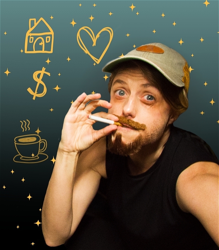 A drag king with a cigarette in hand squatting against a green backdrop with yellow stars, and doodles of a house, coffee cup, dollar sign and love heart