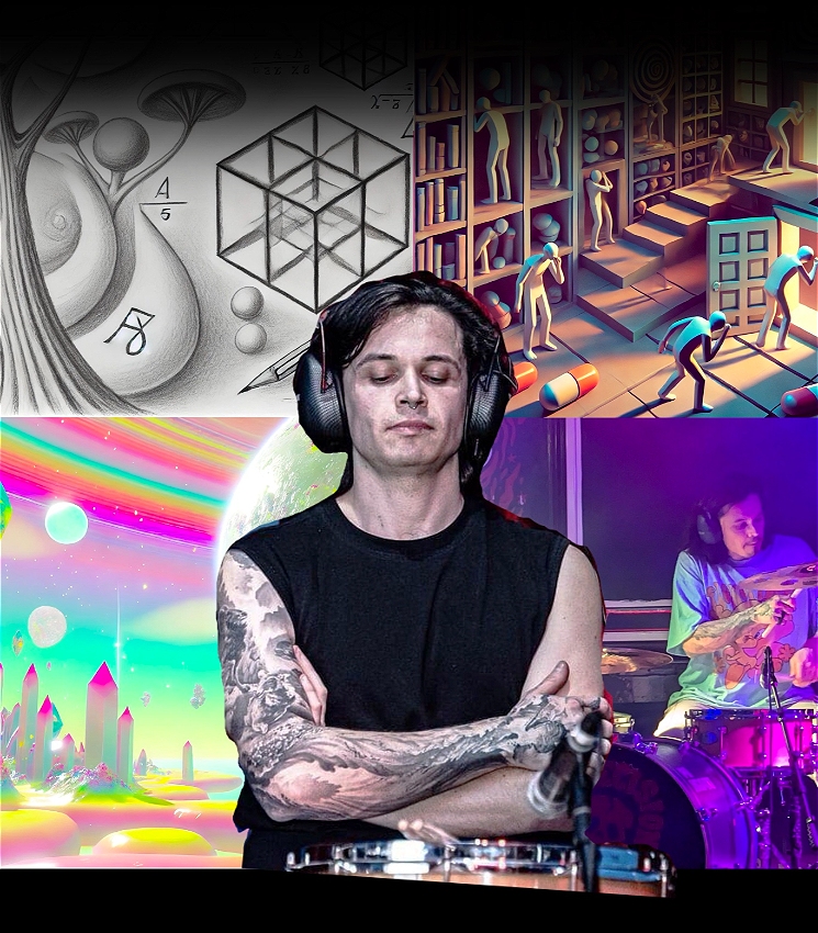The image is a composite featuring a central figure and various abstract, mathematical, and futuristic visual elements.
In the foreground, a person with closed eyes, wearing large over-ear headphones, is positioned behind a drum set. They have tattoos on their arms and are dressed in a sleeveless black top, conveying a sense of focus and calm. To the right, another image of the same person appears, playing drums, highlighting their role as a musician.
In the upper half of the image, there are two distinct abstract backgrounds. On the left, hand-drawn mathematical and geometric shapes, including cubes and spheres, mix with organic shapes resembling trees and mushrooms, giving a surreal or scientific atmosphere. There are also mathematical symbols scattered throughout, adding to the intellectual theme.
On the right side of the upper portion, a scene features stylized, abstract human figures interacting with a complex architectural environment. They appear to be climbing stairs, peering through doors, or studying shelves filled with shapes, which gives a sense of exploration and discovery.
The bottom left portion of the image shows a colorful, futuristic landscape, with a rainbow-hued sky, planets, and crystal-like structures emerging from the ground, evoking an otherworldly or cosmic feel.
The combination of the abstract, mathematical, and futuristic elements creates an immersive, surreal atmosphere surrounding the central figure, emphasizing their engagement with both music and abstract concepts.